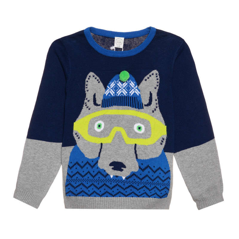 Пуловер с апликация на вълк, син  307032