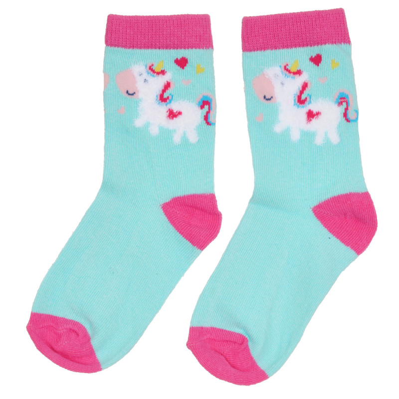 Чорапи с цветни акценти и щампа на еднорог, светлосини  309074