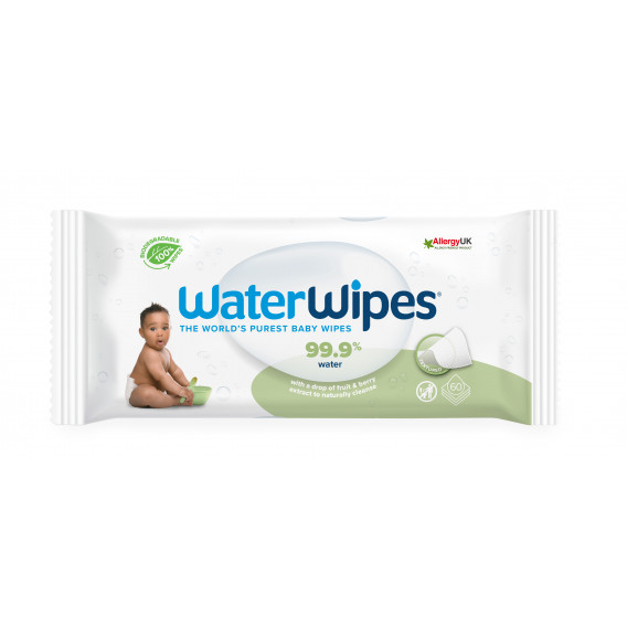 Бебешки влажни кърпички WaterWipes със сапунено орехче 99.9% вода, 60 бр. WaterWipes 309468 