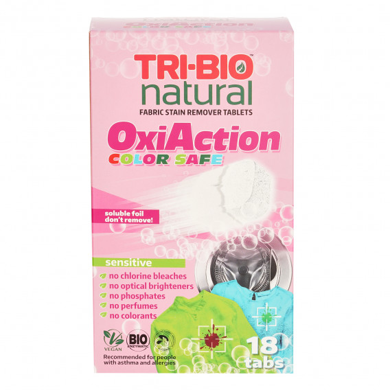 Натурални таблетки за премахване на петна за цветно пране, Oxi-Action, sensitive - 18 бр. Tri-Bio 310046 