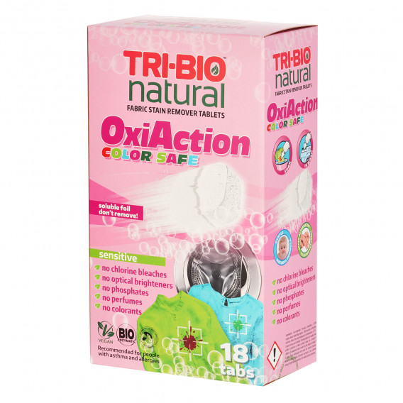 Натурални таблетки за премахване на петна за цветно пране, Oxi-Action, sensitive - 18 бр. Tri-Bio 310047 2