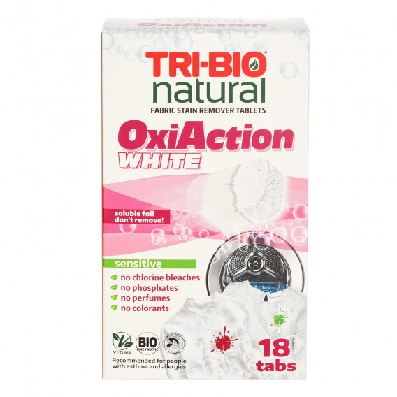 Натурални таблетки за премахване на петна за бяло пране, Oxi-Action, sensitive - 18 бр. Tri-Bio 310049 