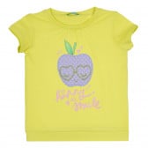 Памучна тениска за бебе с апликация ябълка, зелена Benetton 312667 