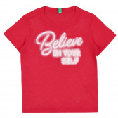 Памучна тениска за бебе с графичен надпис, червена Benetton 312817 