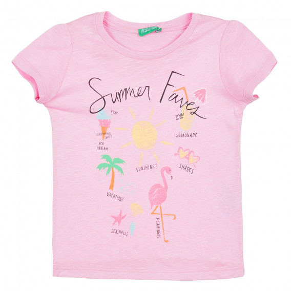 Памучна тениска за бебе с лятна щампа, розова Benetton 312841 