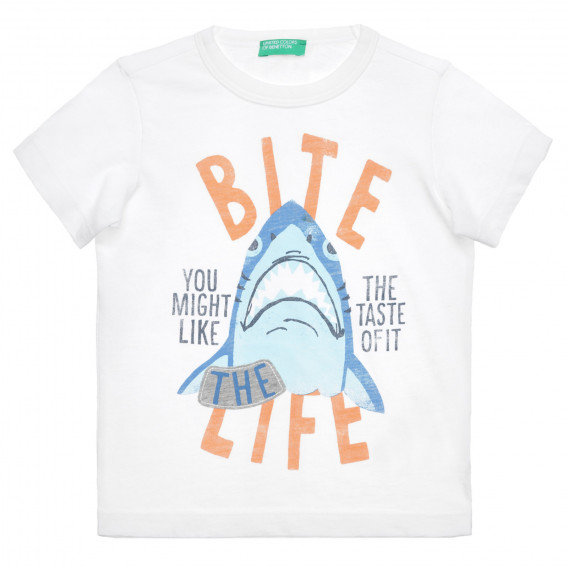 Памучна тениска с щампа на акула за бебе, бяла Benetton 313853 5