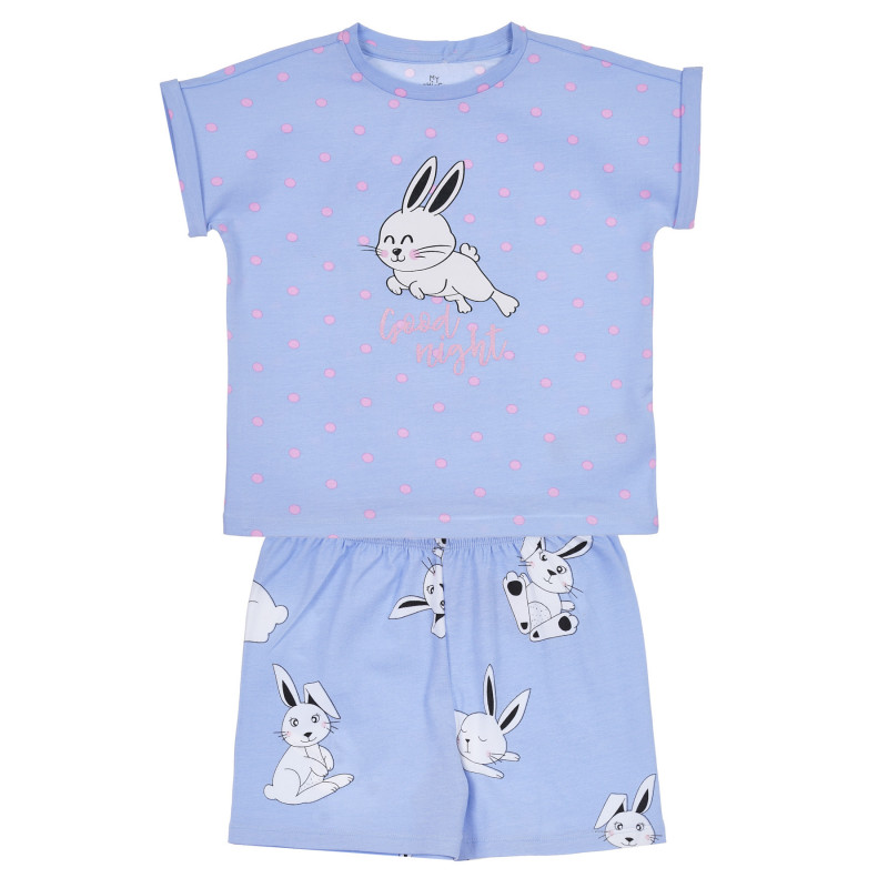 Памучна пижама с принт на зайчета, синя  315167