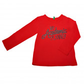 Памучна блуза с дълъг ръкав и сребриста щампа за бебе за момиче червена Benetton 31574 