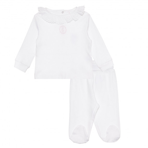 Памучен комплект от блуза с яка и ританки за бебе, бял ZY 318543 