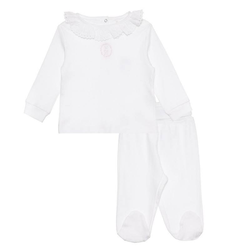 Памучен комплект от блуза с яка и ританки за бебе, бял  318543