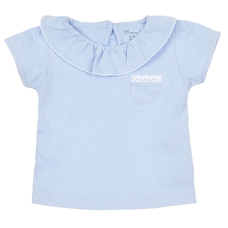 Блуза с къс ръкав и джобче с дантелен акцент за бебе, светлосиня  321128