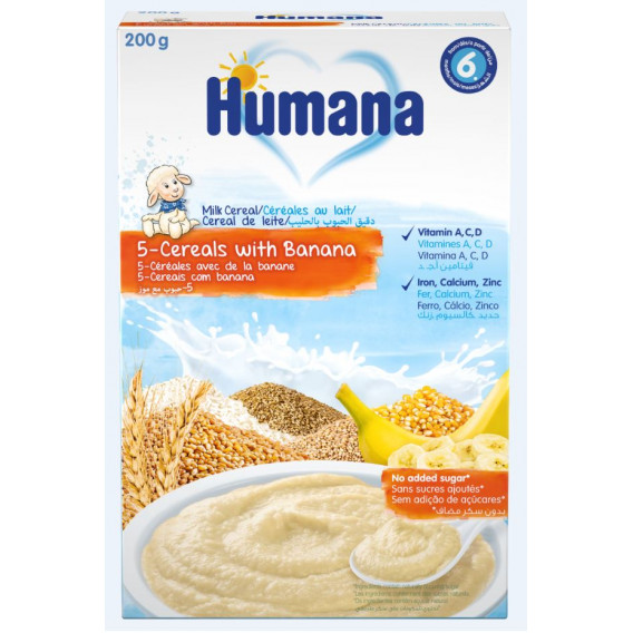 Млечна каша с 5 вида зърна и банан, 6+ месеца, кутия 200 гр. Humana 323769 