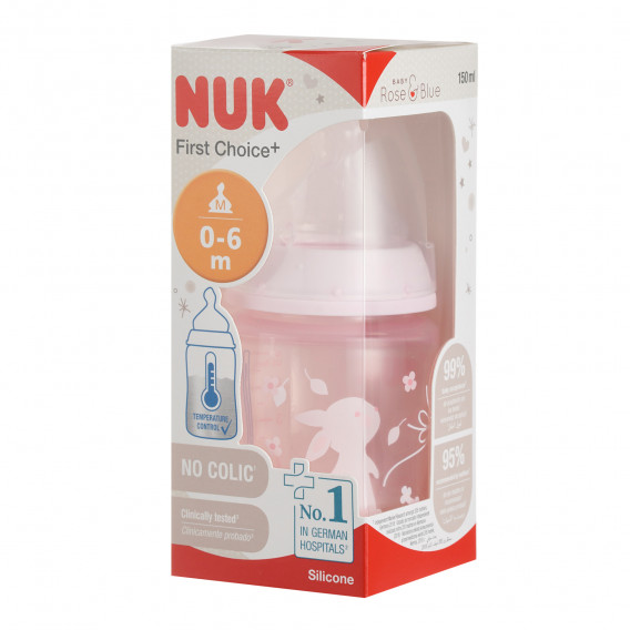 Полипропиленово шише First Choice, Temperature Control с биберон бавен поток 0-6 месеца, Rose, 150 мл. NUK 328252 4