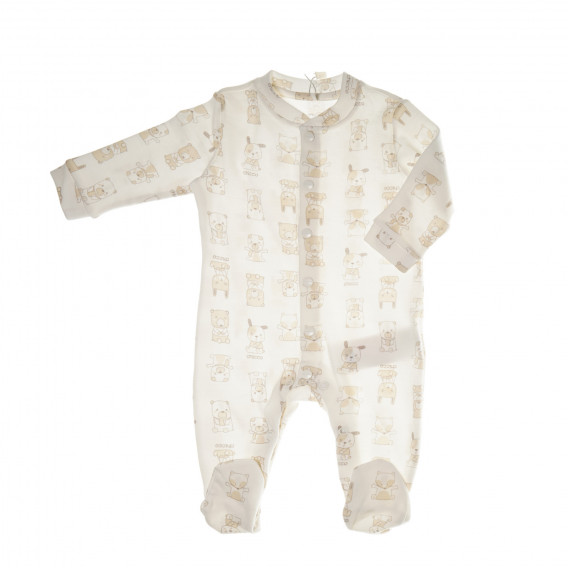 Памучен гащеризон с дълъг ръкав и апликация на мечета за бебе момче, бял Chicco 32880 