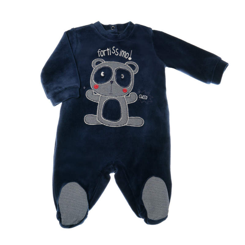 Плюшен гащеризон с дълъг ръкав и апликация панда за бебе, тъмносин  33001