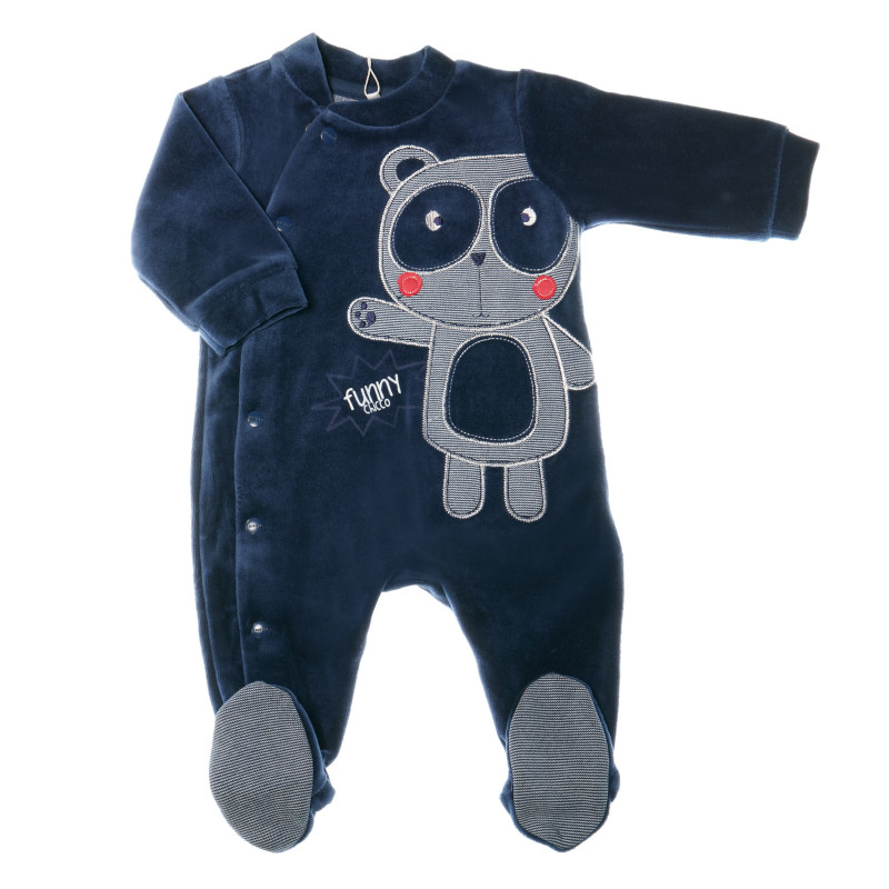 Плюшен гащеризон с предно закопчаване и апликация панда за бебе, тъмносин  33013