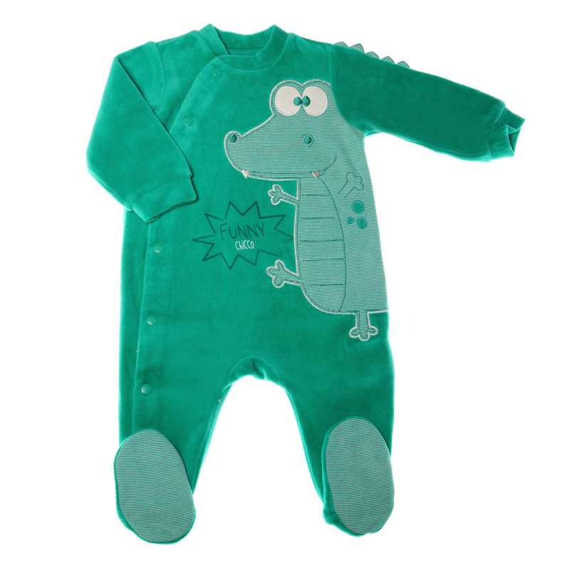 Плюшен гащеризон с предно закопчаване и апликация - крокодил за бебе, зелен  33017