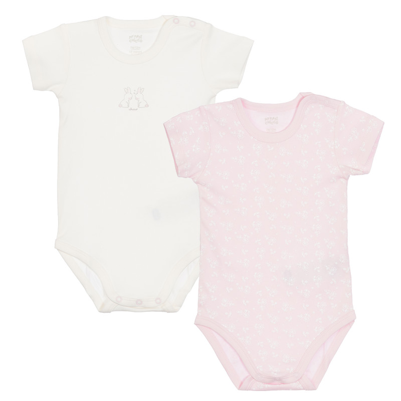 Памучен комплект от два броя бодита с къс ръкав за бебе, бяло и розово  333417