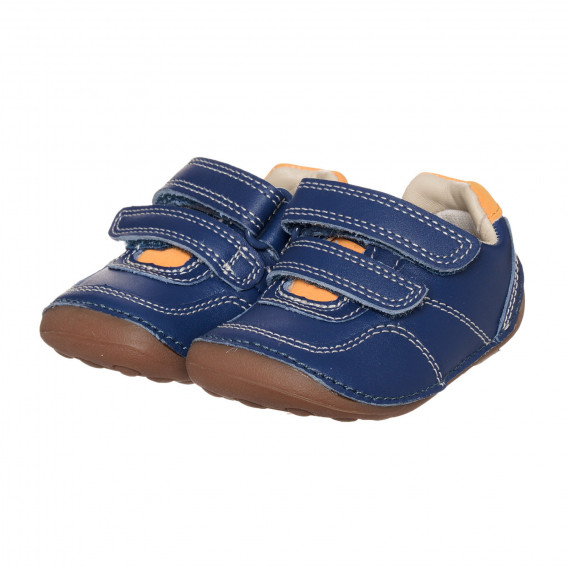 Обувки от естествена кожа с оранжеви акценти за бебе, сини Clarks 333895 