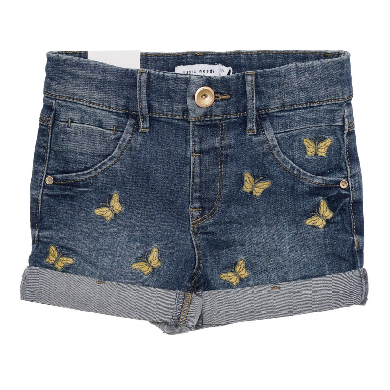 Къси дънкови панталони с апликация на пеперуди, сини  335777
