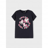 Памучна тениска с щампа Unicorn girl за бебе, тъмносиня Name it 335970 