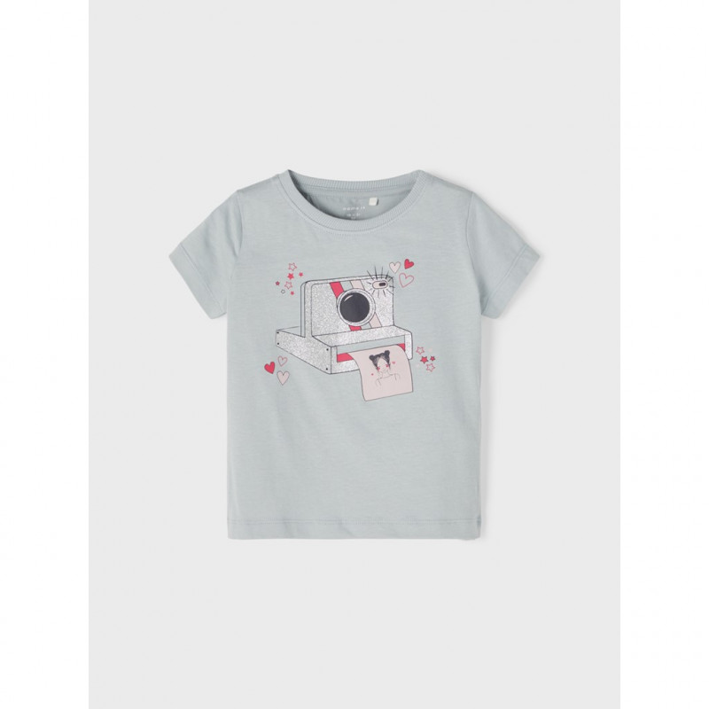 Памучна тениска с щампа на фотоапарат за бебе, светлосиня  335973