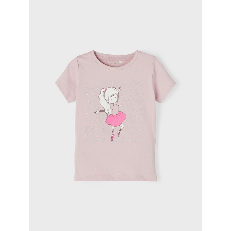 Памучна тениска с щампа балерина за бебе, светлорозова  335976