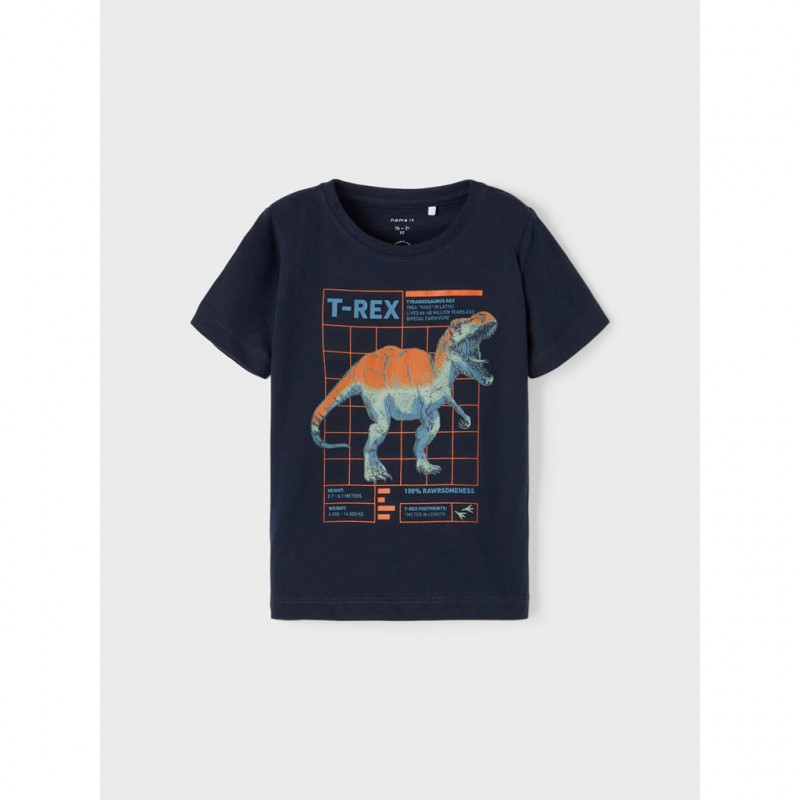 Памучна тениска с щампа T-REX за бебе, синя  335982