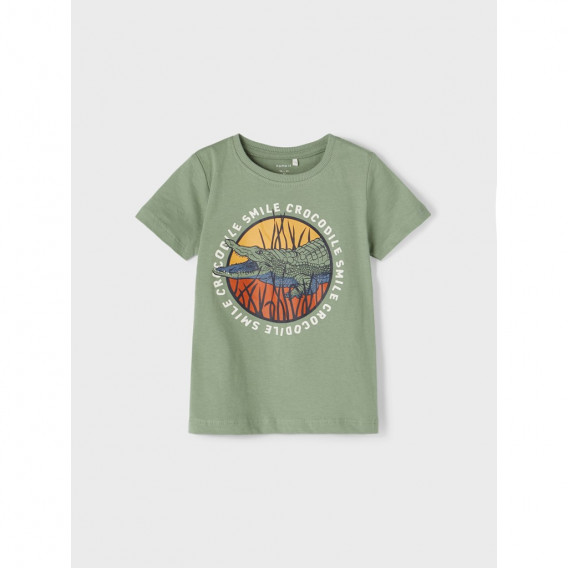 Памучна тениска с щампа Smile crocodile за бебе, зелена Name it 335985 