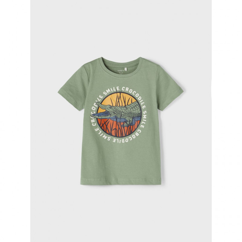 Памучна тениска с щампа Smile crocodile за бебе, зелена  335985
