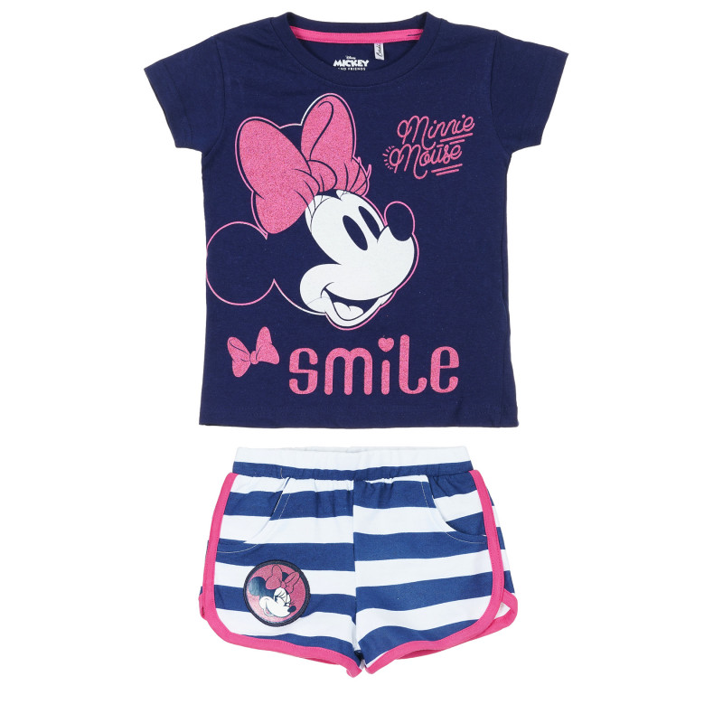 Памучен комплект тениска и къси панталони Minnie Mouse, син  336230