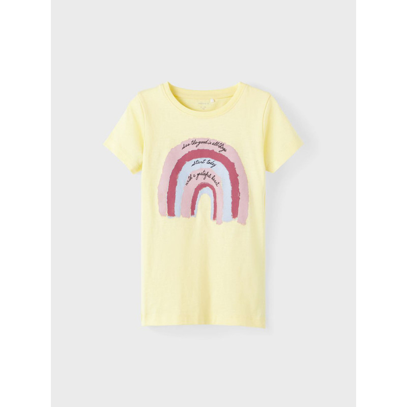 Тениска от органичен памук с щампа дъга, жълта  336471