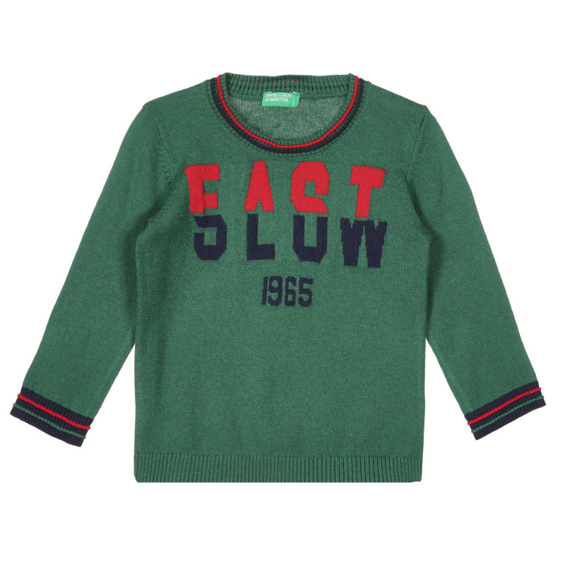 Пуловер с цветни акценти и надпис, зелен  339700