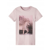 Памучна тениска с щампа Еднорог, розова Name it 342917 