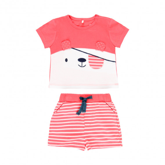 Памучен комплект тениска и къс панталон за бебе, червено и бяло Boboli 343880 