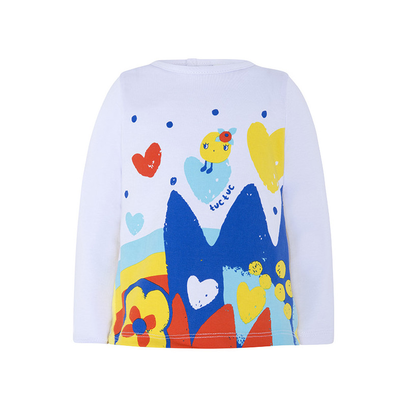 Памучна блуза с дълъг ръкав и цветна щампа в предната част и на гърба са пришити къдрички за момиче  34620