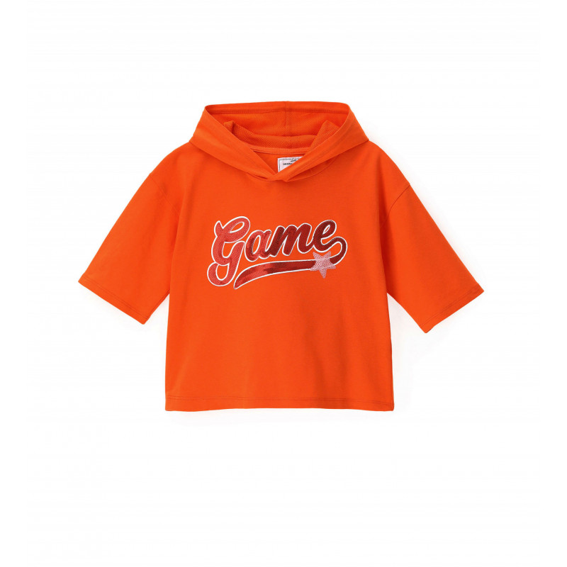 Тениска с качулка и пайети, оранжев цвят  347675