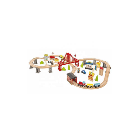 Дървена железопътна композиция с влак, мост и сгради, 70 части WOODEN 348329 9