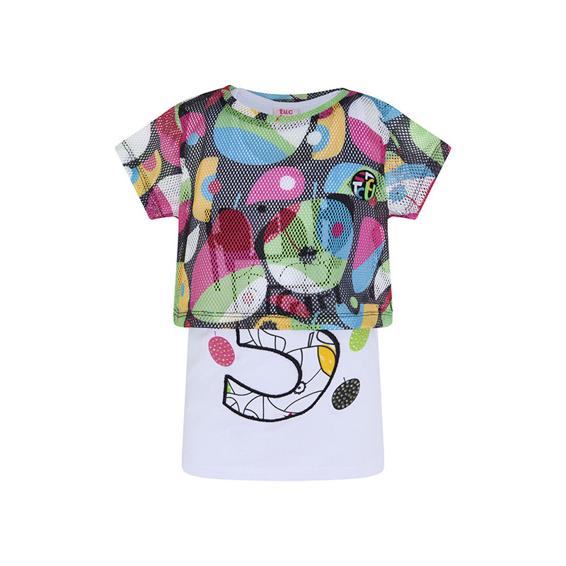 Удължена тениска от две части с къс ръкав с цветни щампи за момиче  34901