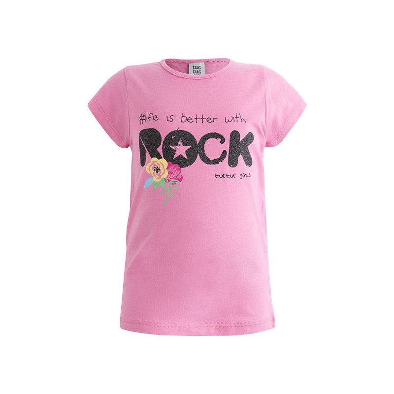 Памучна розова блуза с къс ръкав и надпис за момиче  34943