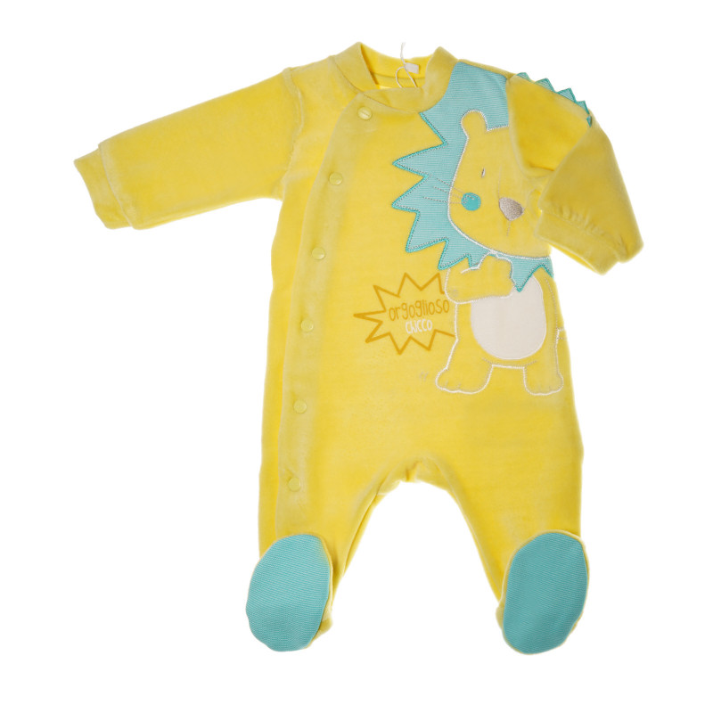Плюшен гащеризон с предно закопчаване и апликация лъвче за бебе, жълт  36260