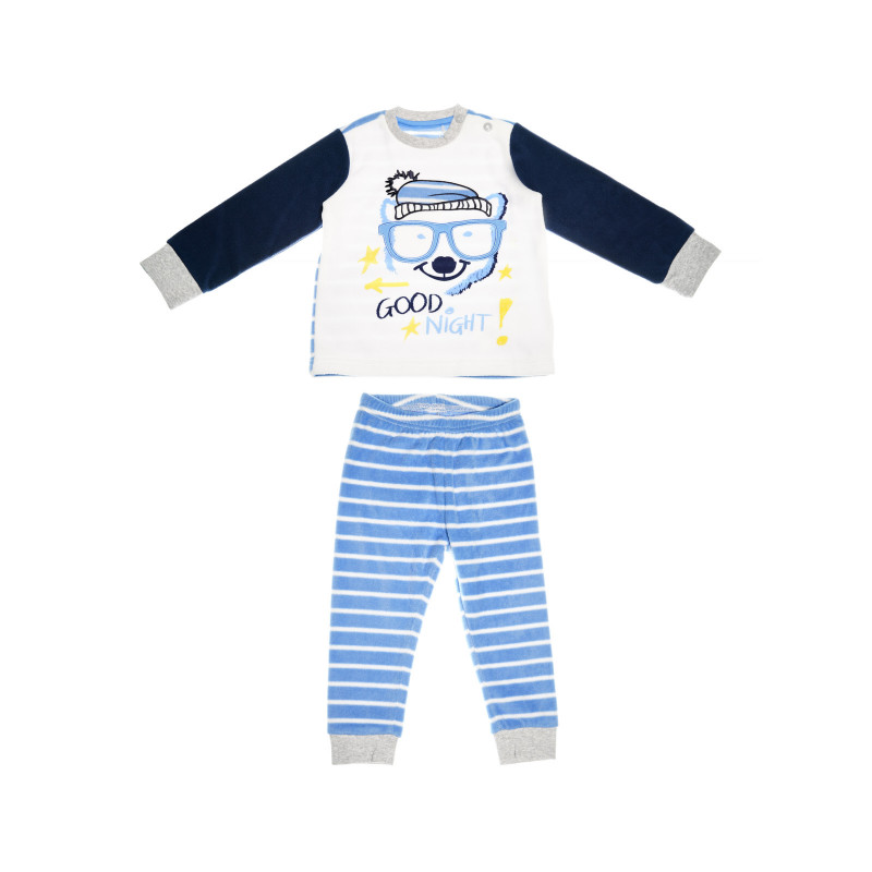 Памучна пижама на райе за момче в син цвят с принт   36556