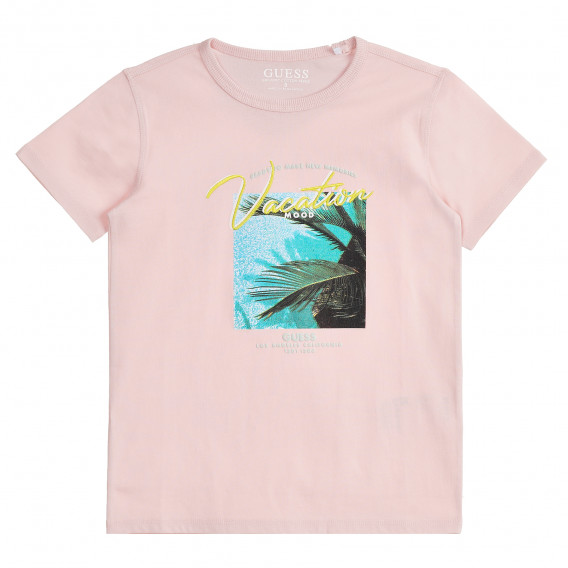 Памучна тениска с щампа, розова Guess 366644 