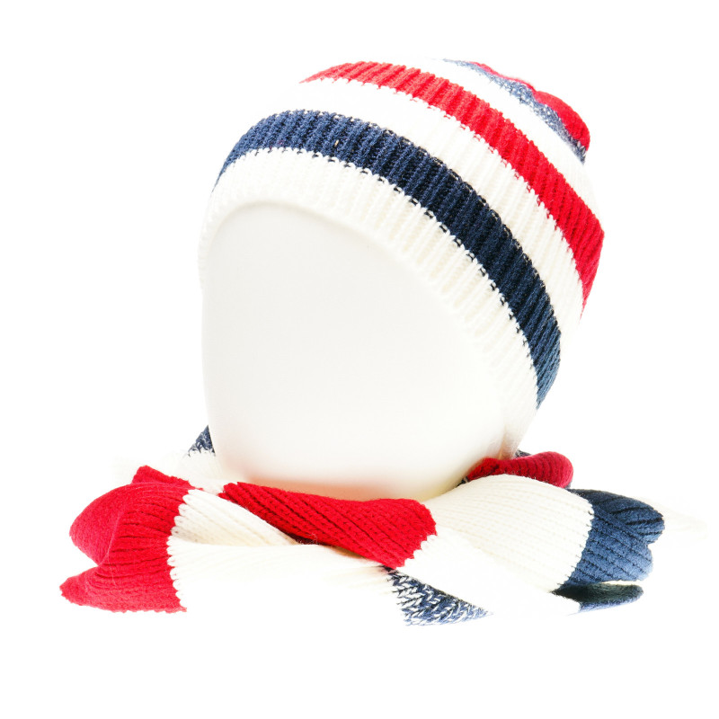 Плетен комплект шапка и шал на червени и сини райета за момче  36690