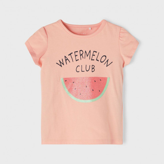 Памучна тениска с щампа на диня и надпис, розова Name it 367339 