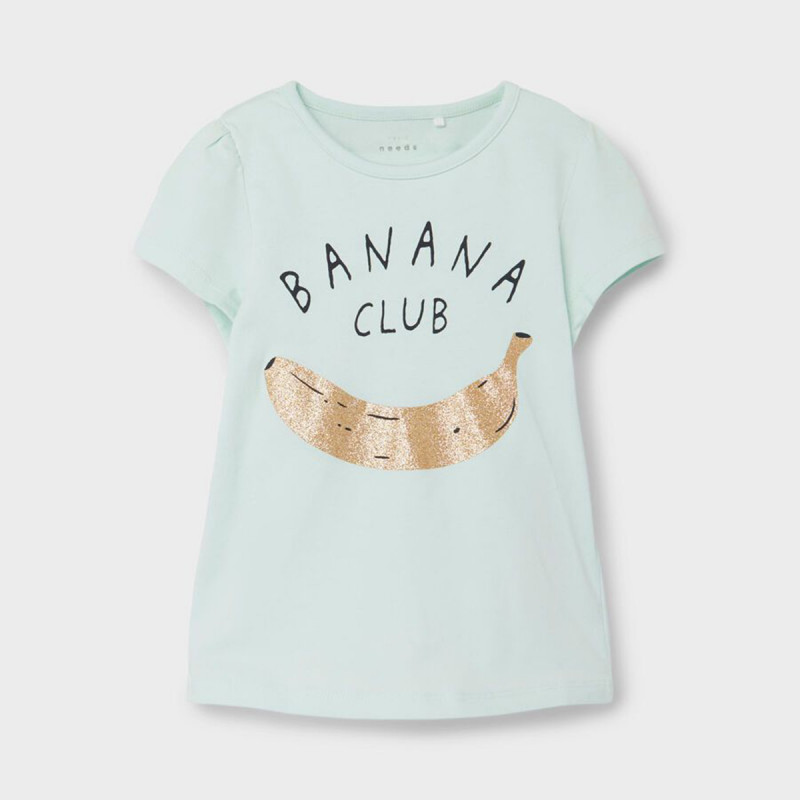 Памучна тениска с щампа на банан и надпис, синя  367342