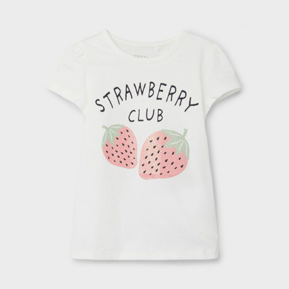 Памучна тениска с щампа на ягоди и надпис, бяла Name it 367345 