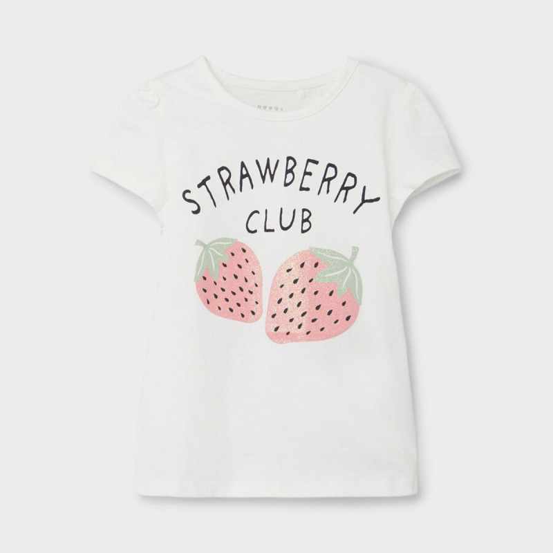 Памучна тениска с щампа на ягоди и надпис, бяла  367345