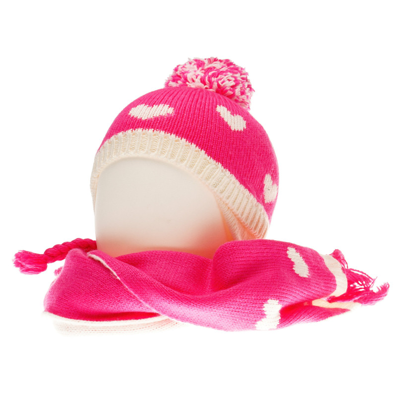 Плетен комплект шапка и шал с бели сърца за бебе  36758