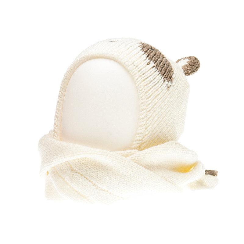 Плетен комплект шапка и шал за бебе с дизайн на мече, бежов  36760